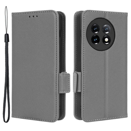 Anti-drop Phone Cover For OnePlus 11 5G Wallet Stand Litchi Texture PU Leather Protective Phone Case - Grey