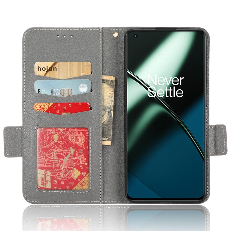 Anti-drop Phone Cover For OnePlus 11 5G Wallet Stand Litchi Texture PU Leather Protective Phone Case - Grey
