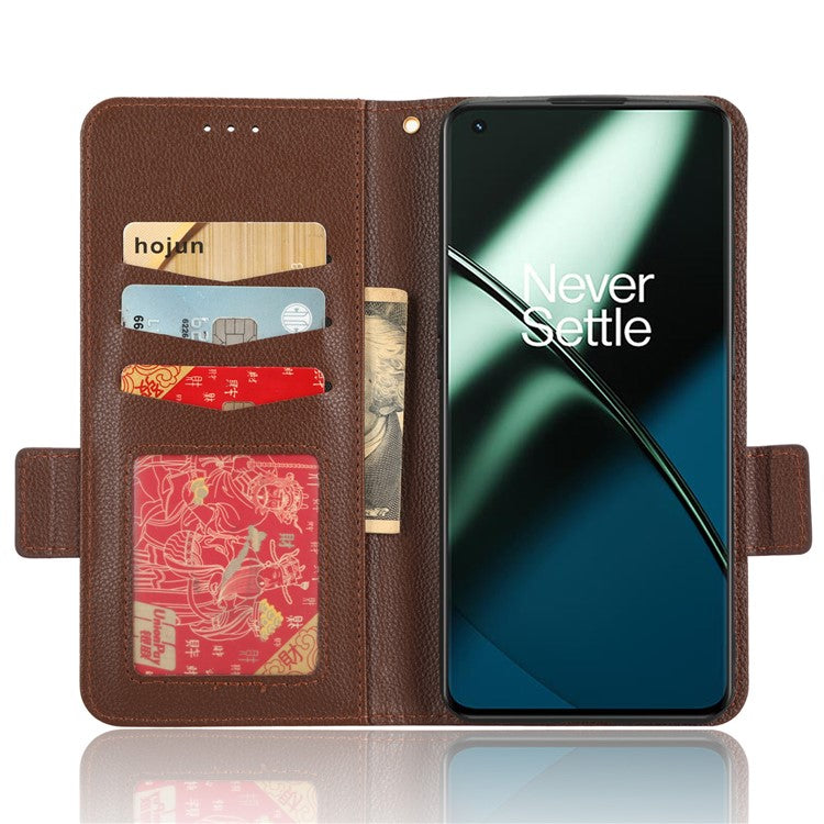 Anti-drop Phone Cover For OnePlus 11 5G Wallet Stand Litchi Texture PU Leather Protective Phone Case - Brown