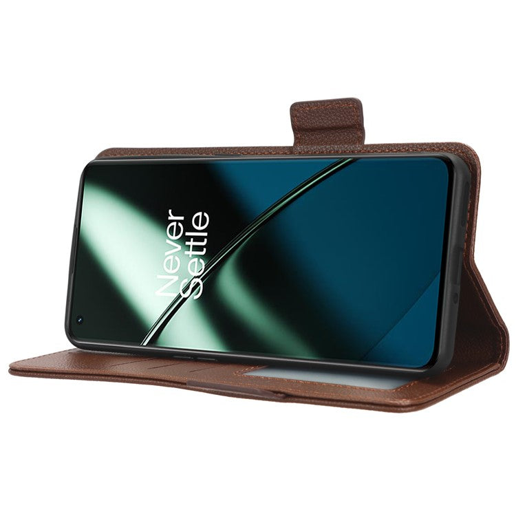Anti-drop Phone Cover For OnePlus 11 5G Wallet Stand Litchi Texture PU Leather Protective Phone Case - Brown