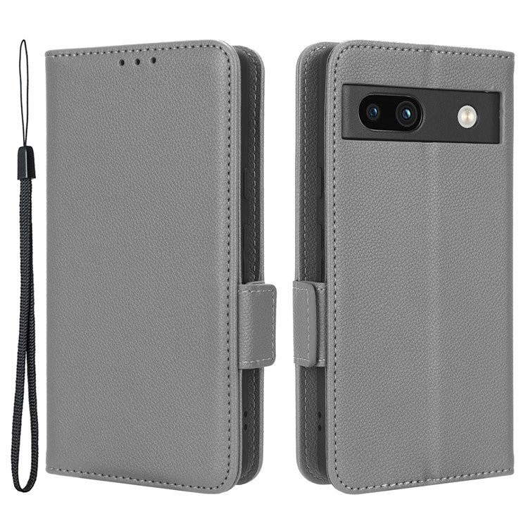 Cell Phone Cover For Google Pixel 7a , Wallet Stand Litchi Texture PU Leather Anti-fall Flip Phone Case - Grey