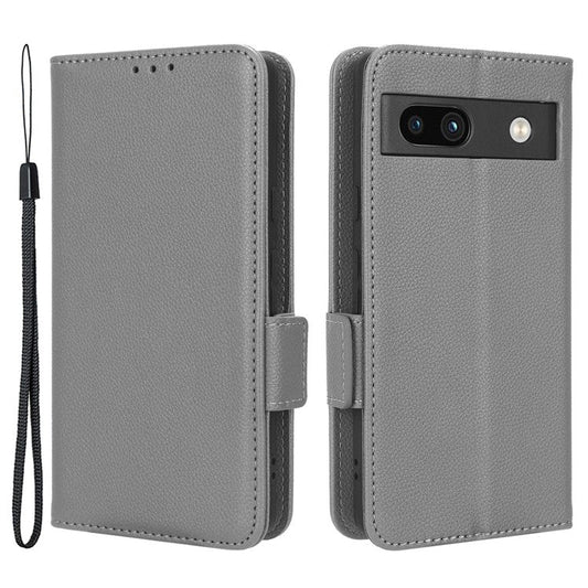 Cell Phone Cover For Google Pixel 7a , Wallet Stand Litchi Texture PU Leather Anti-fall Flip Phone Case - Grey