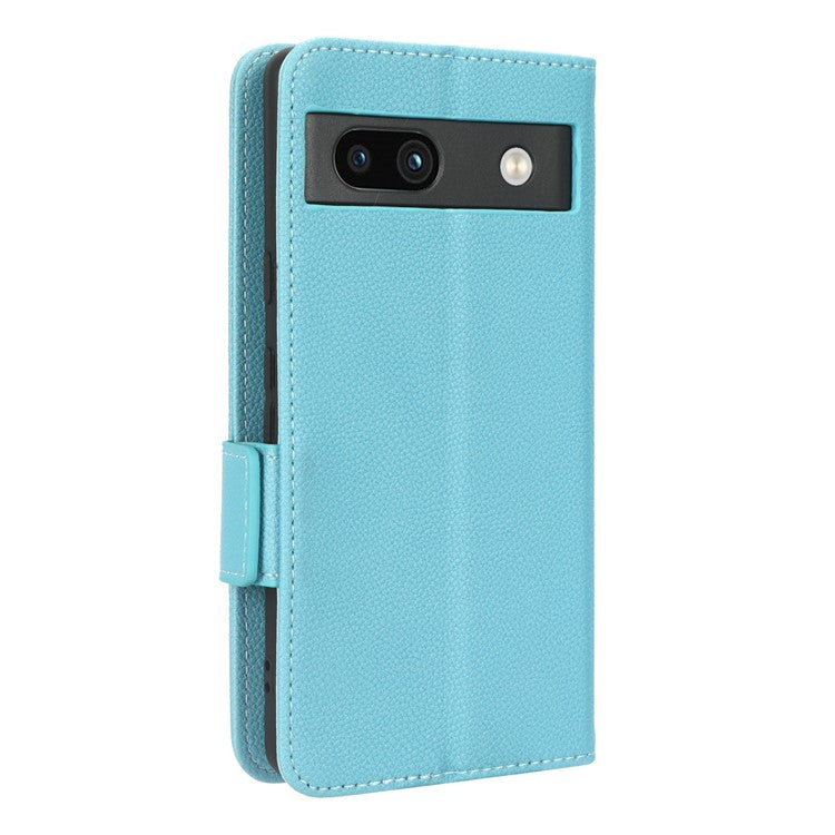 Cell Phone Cover For Google Pixel 7a , Wallet Stand Litchi Texture PU Leather Anti-fall Flip Phone Case - Baby Blue