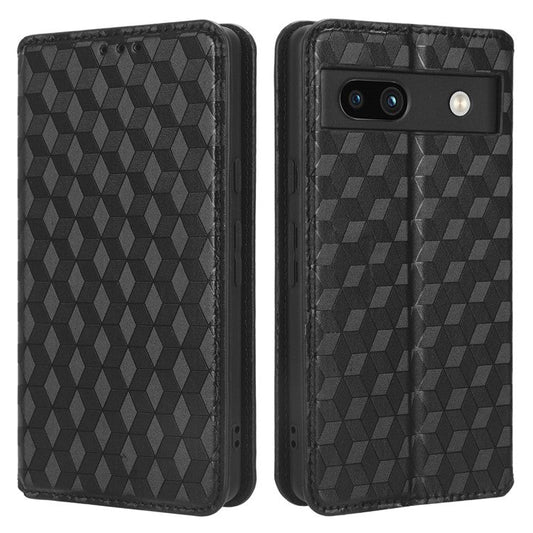 Wallet Phone Case for Google Pixel 7a , PU Leather Imprinted Rhombus Pattern Flip Folio Stand Phone Cover - Black