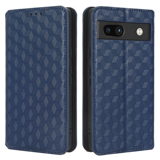 Wallet Phone Case for Google Pixel 7a , PU Leather Imprinted Rhombus Pattern Flip Folio Stand Phone Cover - Blue