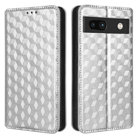 Wallet Phone Case for Google Pixel 7a , PU Leather Imprinted Rhombus Pattern Flip Folio Stand Phone Cover - Silver