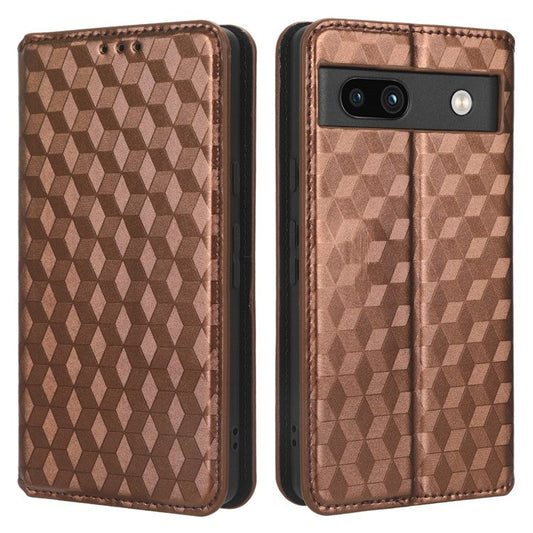 Wallet Phone Case for Google Pixel 7a , PU Leather Imprinted Rhombus Pattern Flip Folio Stand Phone Cover - Brown