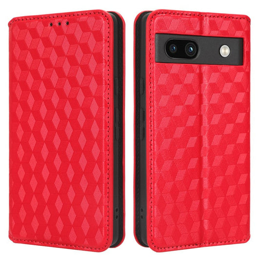Wallet Phone Case for Google Pixel 7a , PU Leather Imprinted Rhombus Pattern Flip Folio Stand Phone Cover - Red