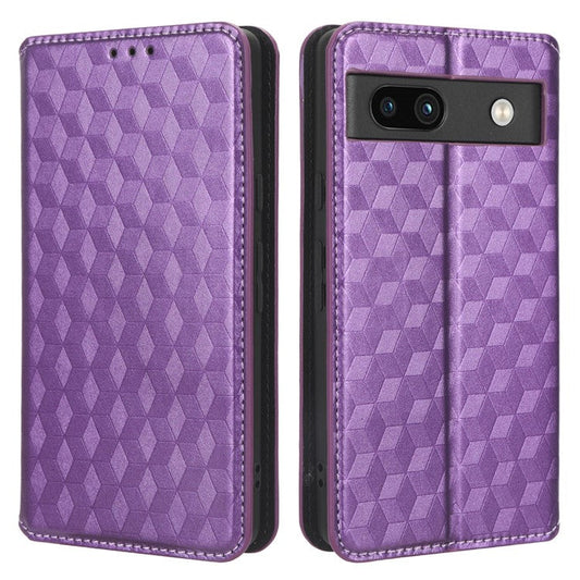 Wallet Phone Case for Google Pixel 7a , PU Leather Imprinted Rhombus Pattern Flip Folio Stand Phone Cover - Purple