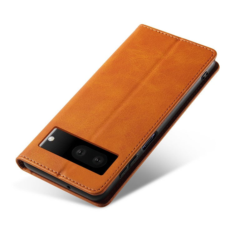 For Google Pixel 7 5G Drop-proof Leather Phone Case Wallet Stand Calf Texture Magnetic Mobile Phone Cover - Khaki