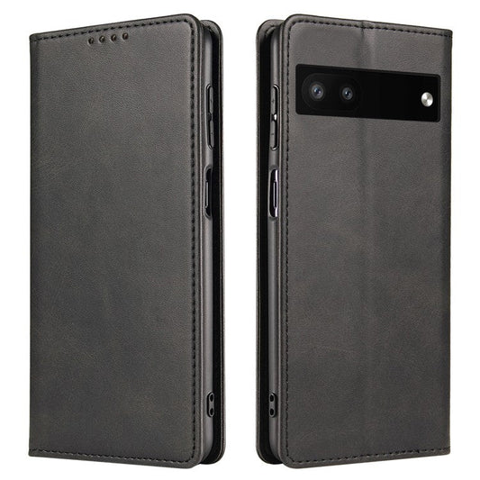 Full Protection Leather Phone Case For Google Pixel 6a , Wallet Stand Calf Texture Magnetic Closure Phone Cover - Black