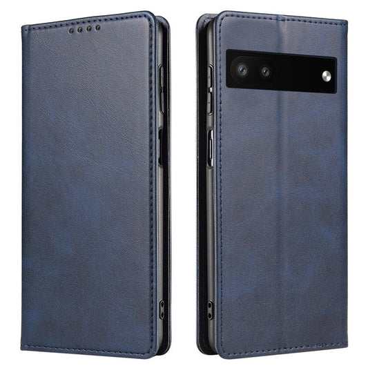Full Protection Leather Phone Case For Google Pixel 6a , Wallet Stand Calf Texture Magnetic Closure Phone Cover - Blue