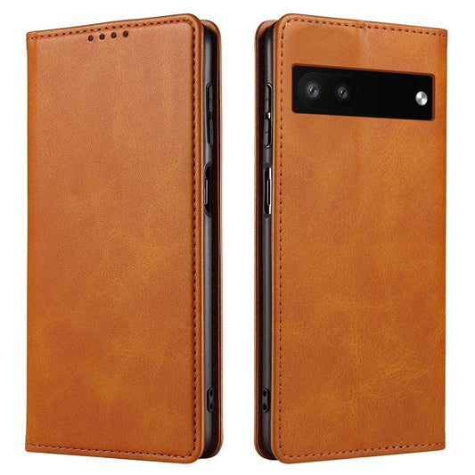 Full Protection Leather Phone Case For Google Pixel 6a , Wallet Stand Calf Texture Magnetic Closure Phone Cover - Khaki