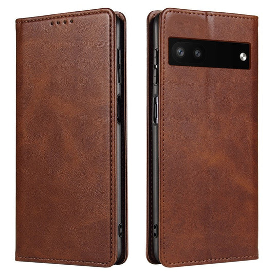 Full Protection Leather Phone Case For Google Pixel 6a , Wallet Stand Calf Texture Magnetic Closure Phone Cover - Brown