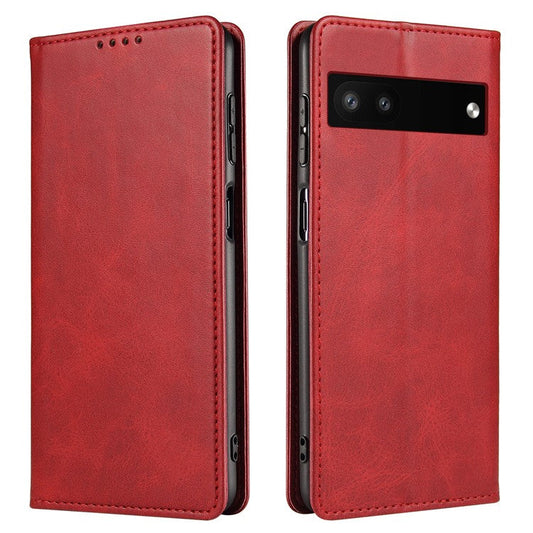 Full Protection Leather Phone Case For Google Pixel 6a , Wallet Stand Calf Texture Magnetic Closure Phone Cover - Red