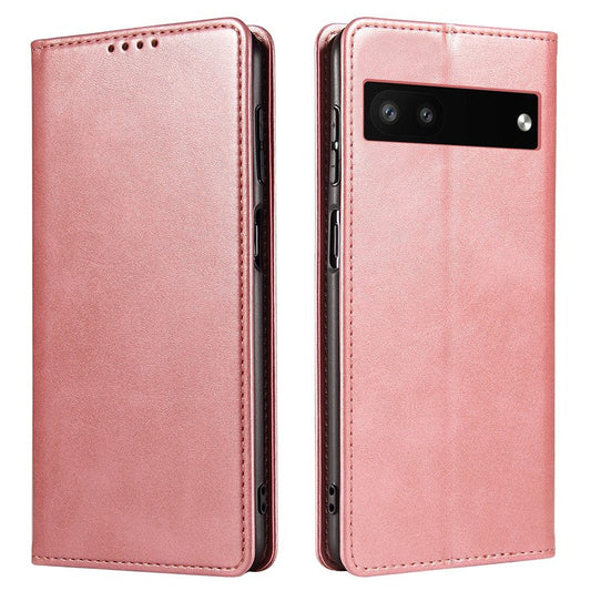 Full Protection Leather Phone Case For Google Pixel 6a , Wallet Stand Calf Texture Magnetic Closure Phone Cover - Rose Gold