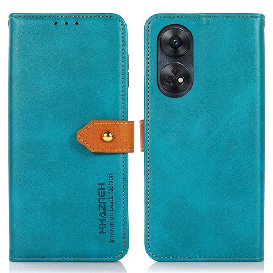 KHAZNEH For Oppo Reno8 T 4G Cowhide Texture Phone Case Gold Button Clasp PU Leather Wallet Cover with Stand - Blue