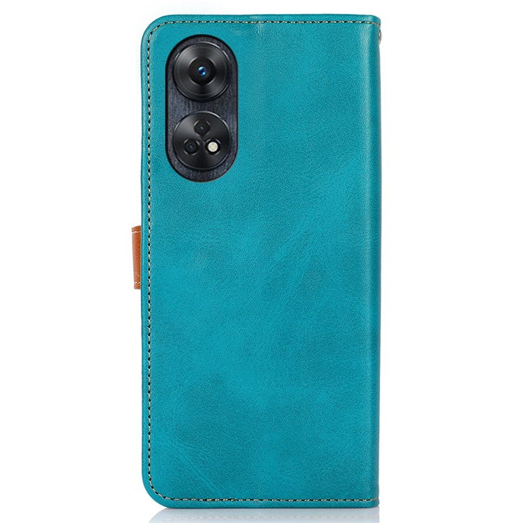 KHAZNEH For Oppo Reno8 T 4G Cowhide Texture Phone Case Gold Button Clasp PU Leather Wallet Cover with Stand - Blue