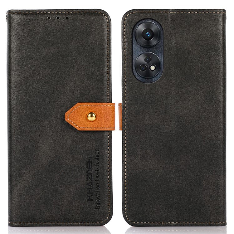 KHAZNEH For Oppo Reno8 T 4G Cowhide Texture Phone Case Gold Button Clasp PU Leather Wallet Cover with Stand - Black
