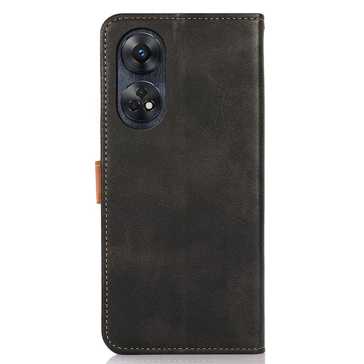 KHAZNEH For Oppo Reno8 T 4G Cowhide Texture Phone Case Gold Button Clasp PU Leather Wallet Cover with Stand - Black