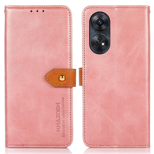 KHAZNEH For Oppo Reno8 T 4G Cowhide Texture Phone Case Gold Button Clasp PU Leather Wallet Cover with Stand - Rose Gold