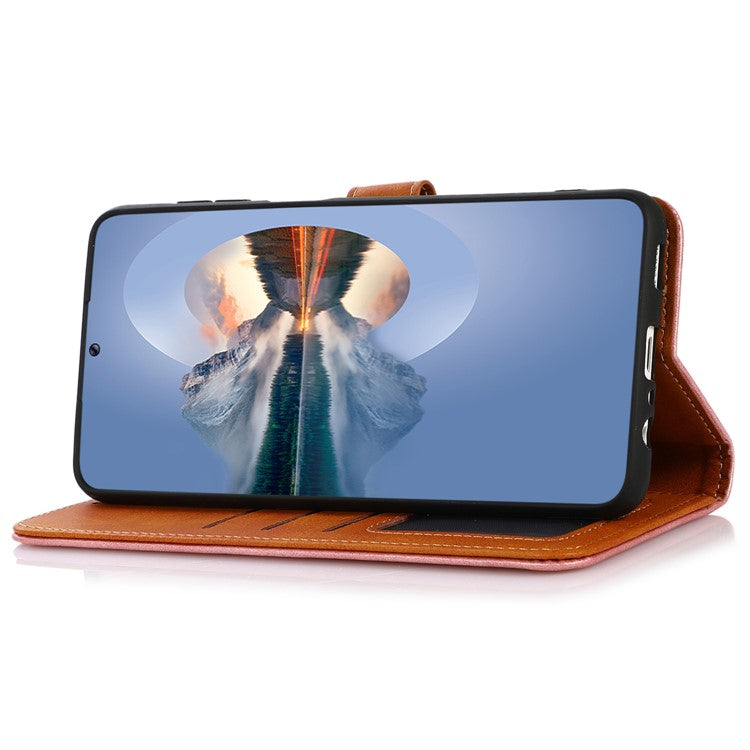 KHAZNEH For Oppo Reno8 T 4G Cowhide Texture Phone Case Gold Button Clasp PU Leather Wallet Cover with Stand - Rose Gold