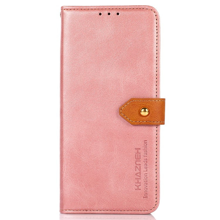 KHAZNEH For Oppo Reno8 T 4G Cowhide Texture Phone Case Gold Button Clasp PU Leather Wallet Cover with Stand - Rose Gold