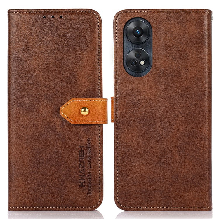 KHAZNEH For Oppo Reno8 T 4G Cowhide Texture Phone Case Gold Button Clasp PU Leather Wallet Cover with Stand - Brown
