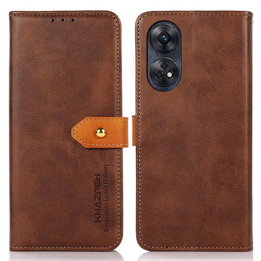 KHAZNEH For Oppo Reno8 T 4G Cowhide Texture Phone Case Gold Button Clasp PU Leather Wallet Cover with Stand - Brown