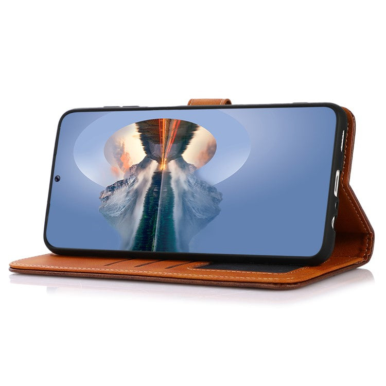 KHAZNEH For Oppo Reno8 T 4G Cowhide Texture Phone Case Gold Button Clasp PU Leather Wallet Cover with Stand - Brown