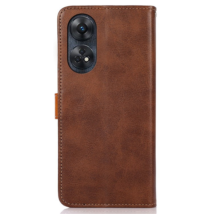 KHAZNEH For Oppo Reno8 T 4G Cowhide Texture Phone Case Gold Button Clasp PU Leather Wallet Cover with Stand - Brown