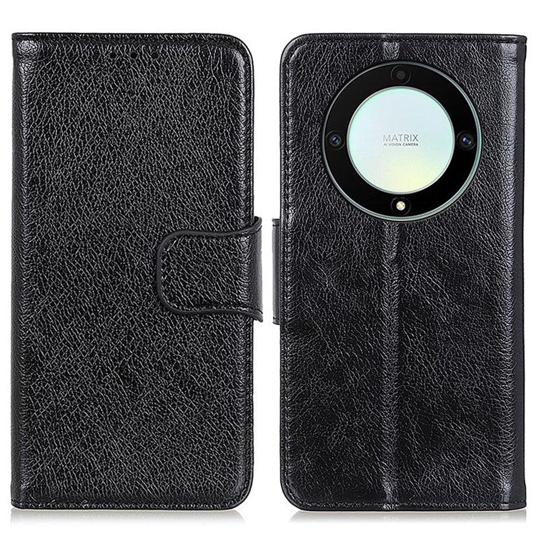 For Honor X9a 5G / X40 5G / Magic5 Lite 5G Split Leather Case Nappa Texture Stand Wallet Magnetic Clasp Phone Cover - Black