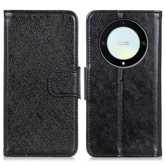 For Honor X9a 5G / X40 5G / Magic5 Lite 5G Split Leather Case Nappa Texture Stand Wallet Magnetic Clasp Phone Cover - Black