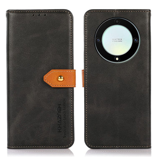 KHAZNEH For Honor X9a 5G / X40 5G / Magic5 Lite 5G Gold Button PU Leather Cowhide Texture Phone Stand Case Wallet Cover - Black