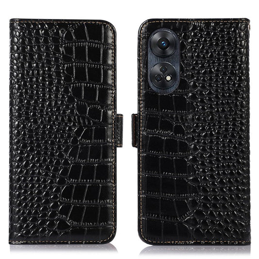 Phone Wallet Case for Oppo Reno8 T 4G RFID Blocking Stand Genuine Cowhide Leather Phone Cover - Black