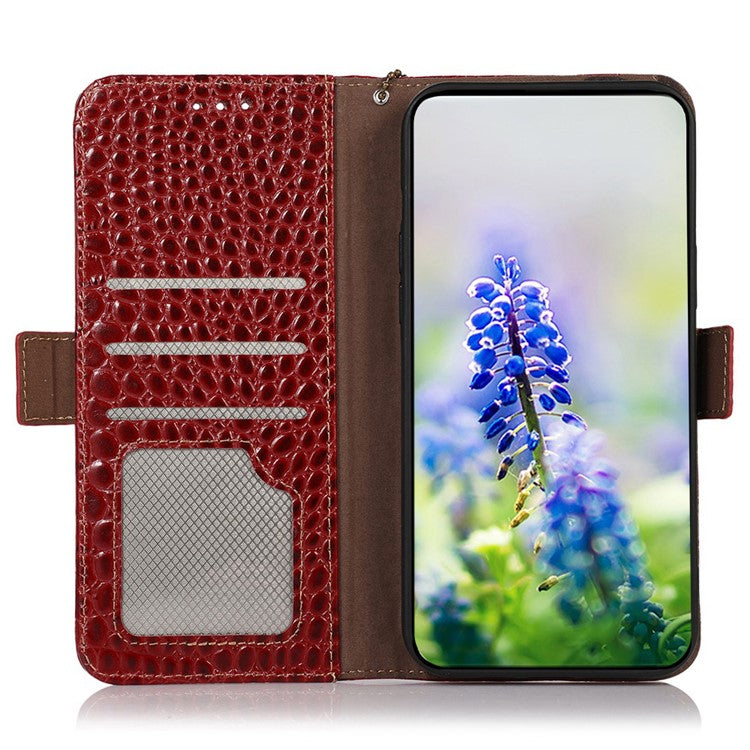 Phone Wallet Case for Oppo Reno8 T 4G RFID Blocking Stand Genuine Cowhide Leather Phone Cover - Red