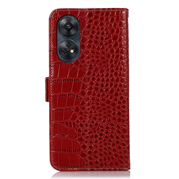 Phone Wallet Case for Oppo Reno8 T 4G RFID Blocking Stand Genuine Cowhide Leather Phone Cover - Red