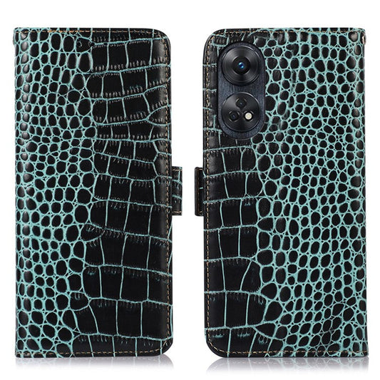 Phone Wallet Case for Oppo Reno8 T 4G RFID Blocking Stand Genuine Cowhide Leather Phone Cover - Green