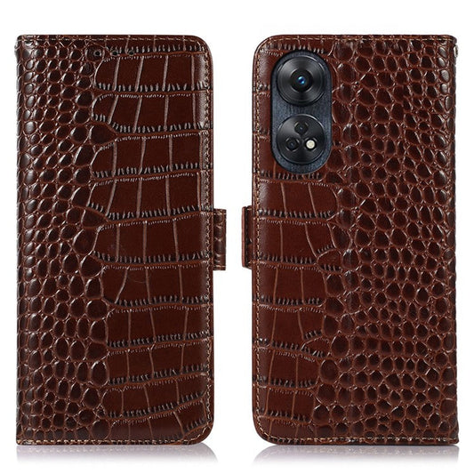Phone Wallet Case for Oppo Reno8 T 4G RFID Blocking Stand Genuine Cowhide Leather Phone Cover - Brown