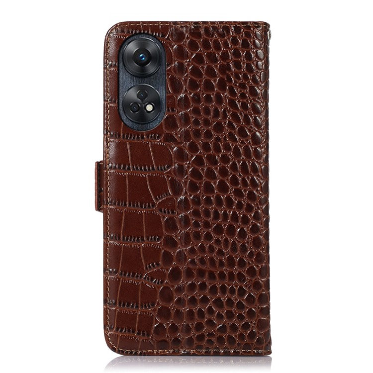 Phone Wallet Case for Oppo Reno8 T 4G RFID Blocking Stand Genuine Cowhide Leather Phone Cover - Brown