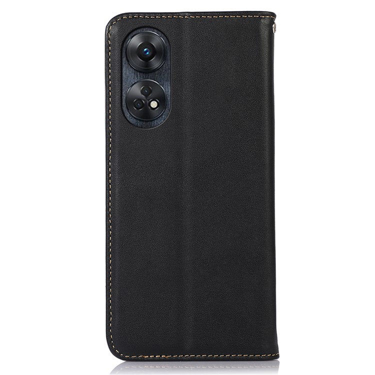 KHAZNEH Phone Wallet Cover for Oppo Reno8 T 4G RFID Blocking Genuine Cowhide Leather Stand Phone Case - Black