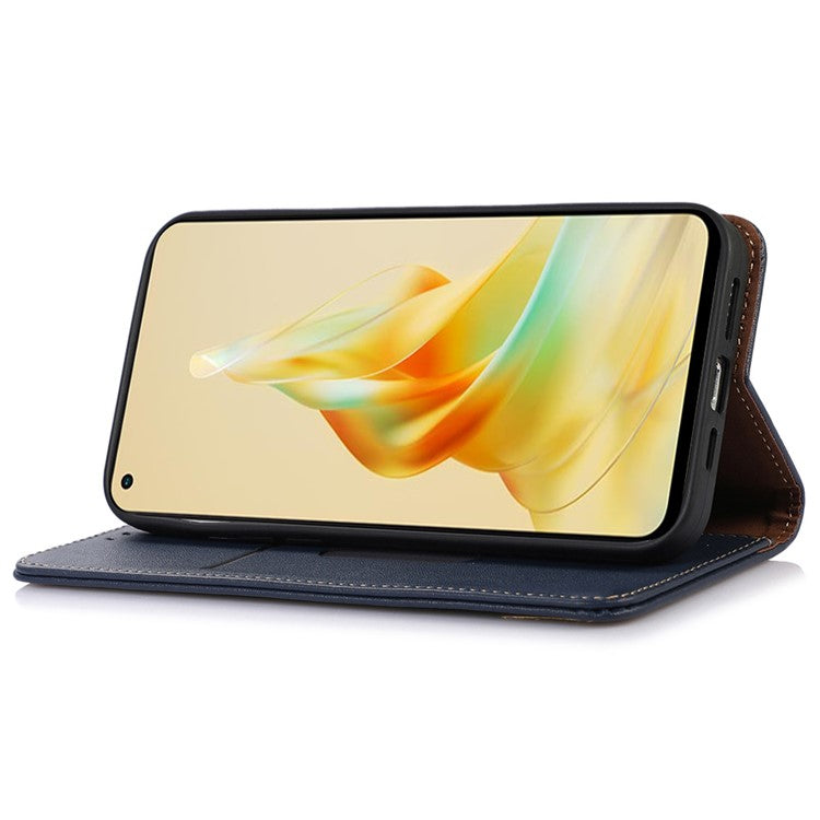 KHAZNEH Phone Wallet Cover for Oppo Reno8 T 4G RFID Blocking Genuine Cowhide Leather Stand Phone Case - Blue