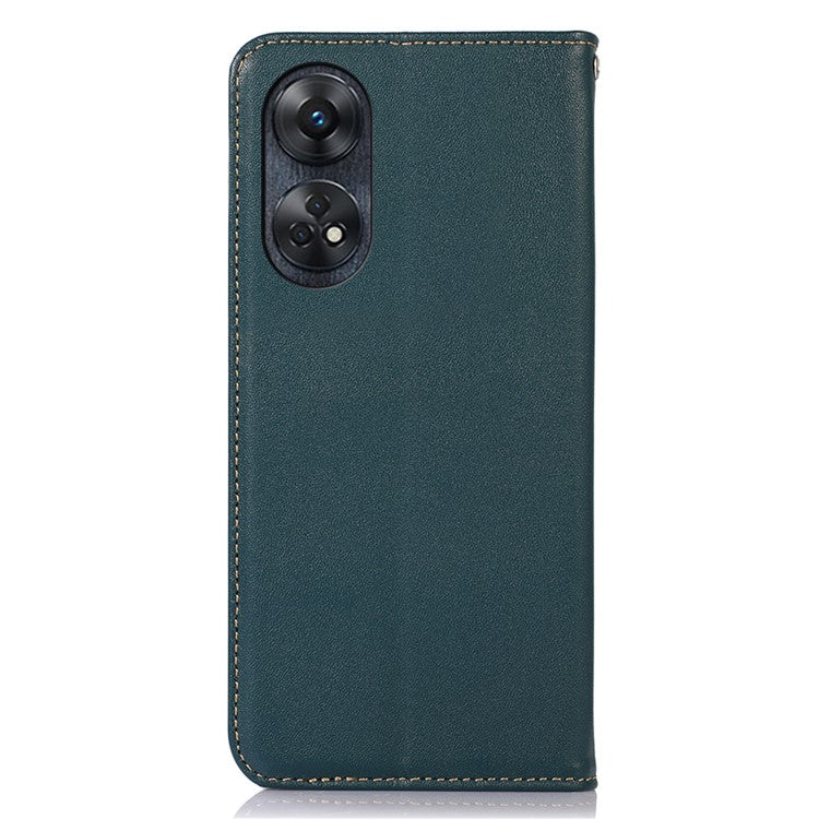 KHAZNEH Phone Wallet Cover for Oppo Reno8 T 4G RFID Blocking Genuine Cowhide Leather Stand Phone Case - Green