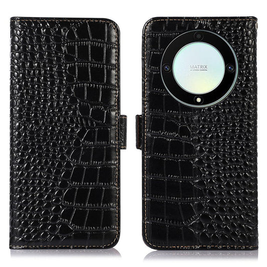 For Honor X9a 5G / X40 5G / Magic5 Lite 5G RFID Blocking Wallet Phone Cover Genuine Cowhide Leather Stand Case - Black