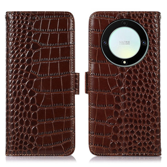 For Honor X9a 5G / X40 5G / Magic5 Lite 5G RFID Blocking Wallet Phone Cover Genuine Cowhide Leather Stand Case - Brown
