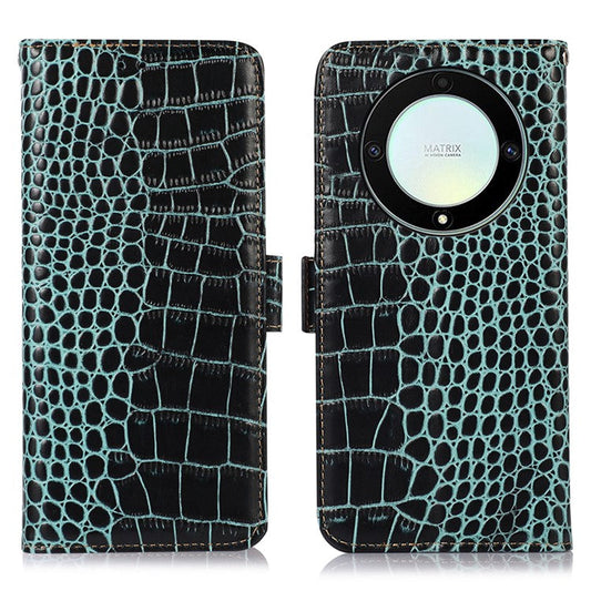 For Honor X9a 5G / X40 5G / Magic5 Lite 5G RFID Blocking Wallet Phone Cover Genuine Cowhide Leather Stand Case - Green