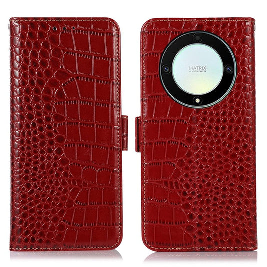 For Honor X9a 5G / X40 5G / Magic5 Lite 5G RFID Blocking Wallet Phone Cover Genuine Cowhide Leather Stand Case - Red