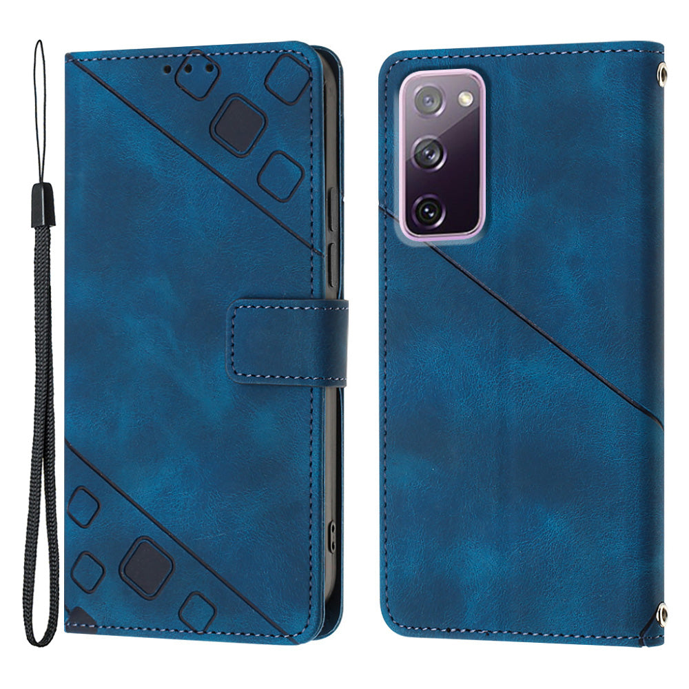 PT005 YB Imprinting Series-6 For Samsung Galaxy S20 FE 5G / S20 FE / S20 FE 2022 / S20 Lite Skin Touch Foldable Stand Phone Case PU Leather Wallet Cover - Sapphire