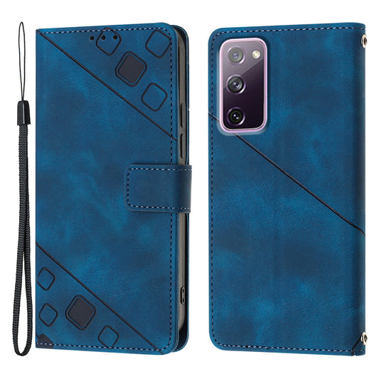 PT005 YB Imprinting Series-6 For Samsung Galaxy S20 FE 5G / S20 FE / S20 FE 2022 / S20 Lite Skin Touch Foldable Stand Phone Case PU Leather Wallet Cover - Sapphire