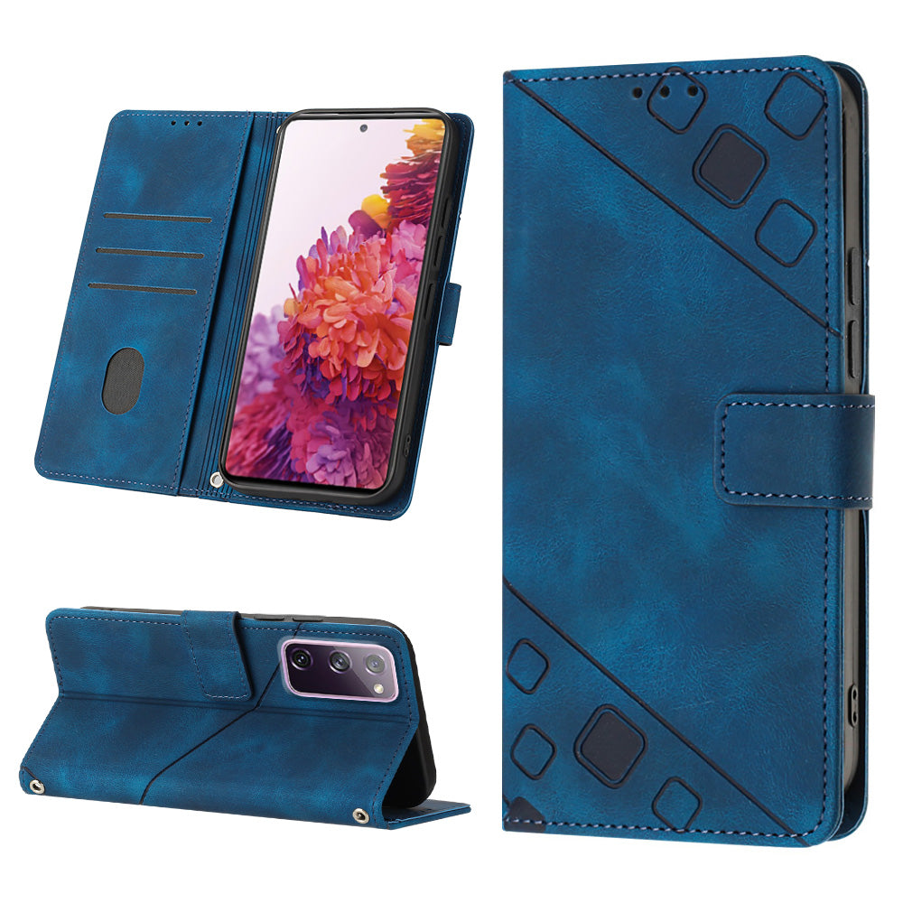 PT005 YB Imprinting Series-6 For Samsung Galaxy S20 FE 5G / S20 FE / S20 FE 2022 / S20 Lite Skin Touch Foldable Stand Phone Case PU Leather Wallet Cover - Sapphire